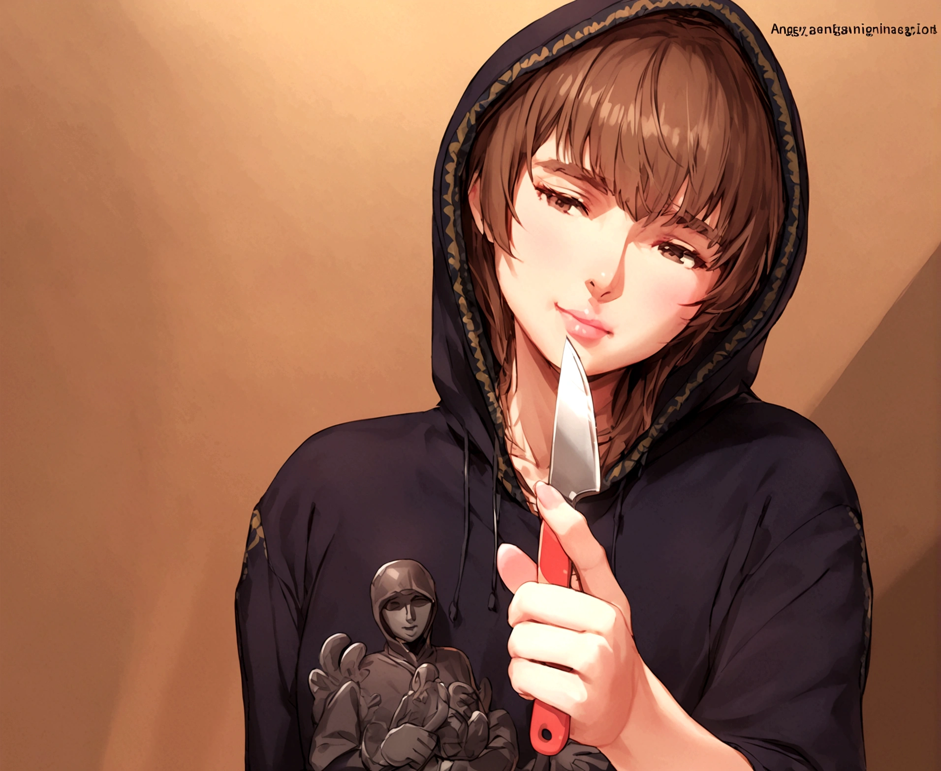 Holding a meat knife in his hand、Hooded Caucasian American figure