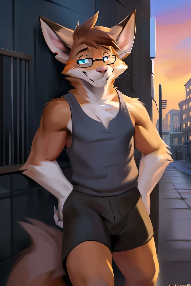 Alone, male, ((flat)), (((snout))), (notched ear, rabbit teeth), Delgado, weak, ((tired out, dizzy, tired out eyes, sleepy)), whiskers, gray fur, gray body, claws, (perfect smile, 1.1), rodent, by schmutzo, and lizette, (por bebebebebe 1.2), Delgado, smelly, nervous smile, ((mysticfox61)), by chunie, by no swift, black shorts pink tank top alley, golden hour, PLANTS, blue eye glasses. Full body looking towards viewer