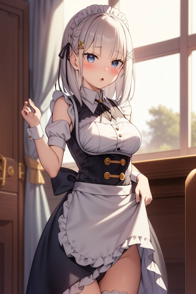 masterpiece, detailed, Absurd, High resolution, apron, black ribbon, blue eyes, blush, bow, hair ornaments, hair ribbon, Maid, Maid's headdress, Open your mouth, pink bow, throw, ribbon, clothes trimmed with ribbon, ribbon trim, roswaal Maid's uniform mansion, short hair, waist apron, Showing pussy, No underwear, 