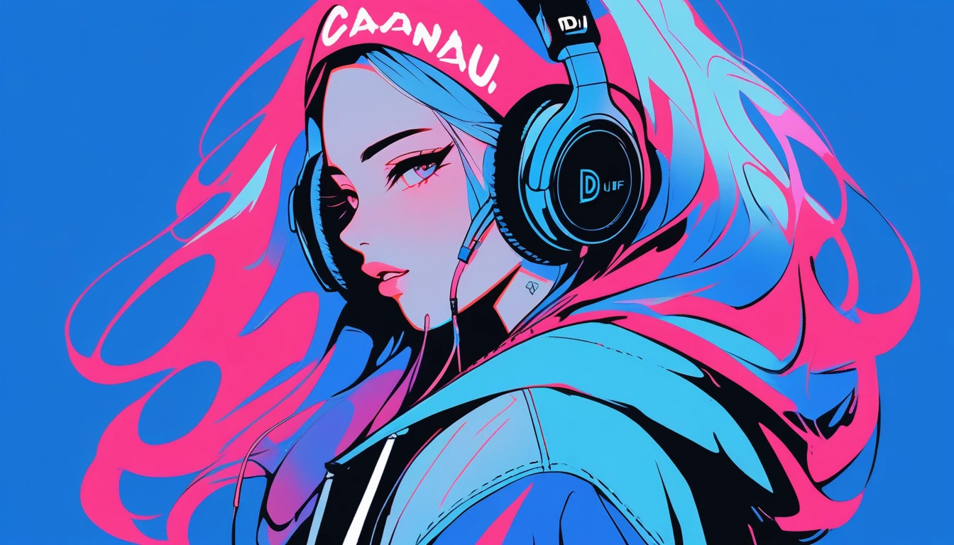Illustrator, anime , Realistic ,sketch , 1 Girl, ,lip, hoodie,order, Blue gradient background, Neon Hair,Textured Trim, Canadian, (masterpiece,Highest quality), lofi, Battle DJ girl in HIPHOP fashion wearing DJ headphones,Upper Body