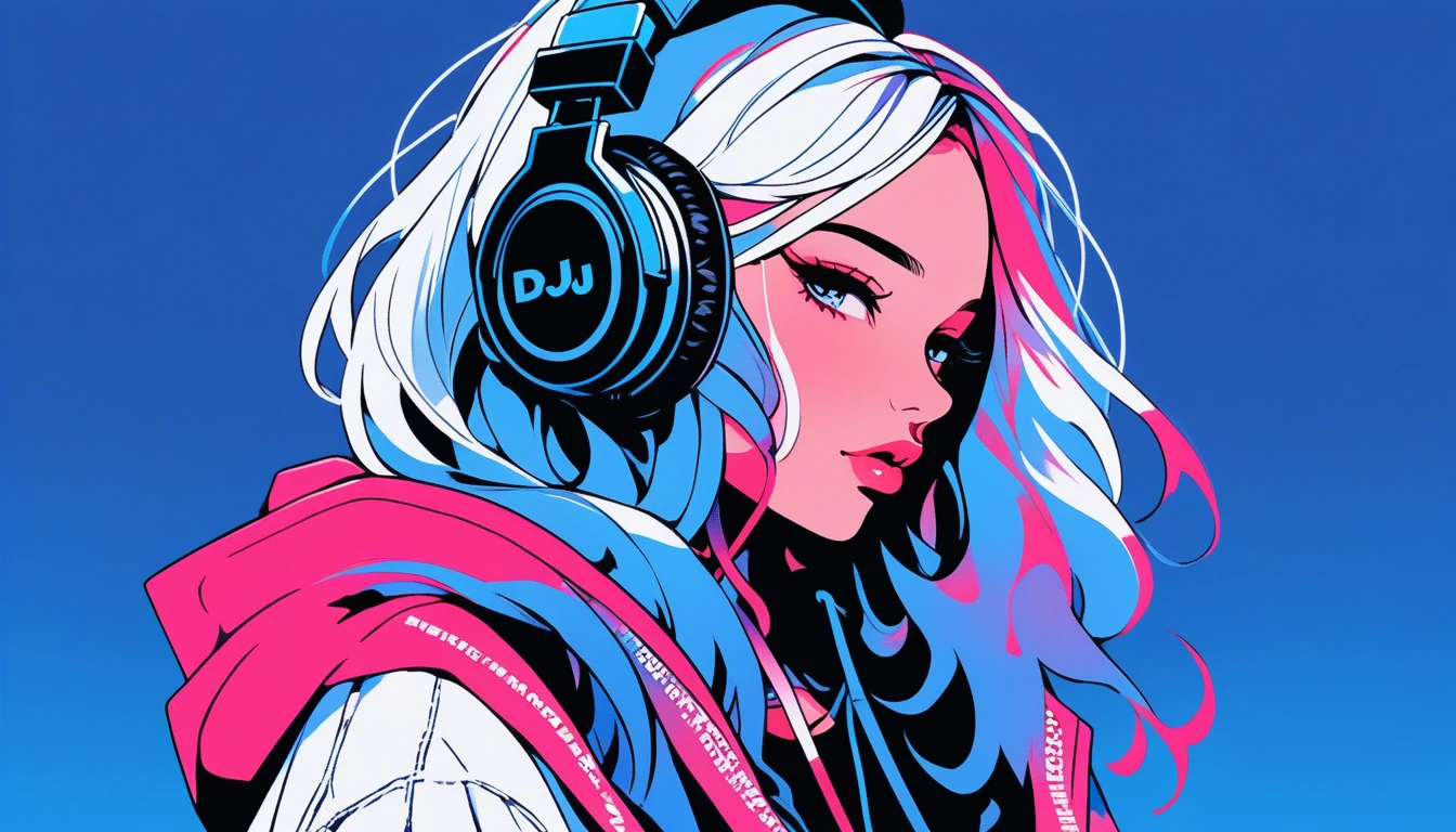 Illustrator, anime , Realistic ,sketch , 1 Girl, ,lip, hoodie,order, Blue gradient background, Neon Hair,Textured Trim, Canadian, (masterpiece,Highest quality), lofi, Battle DJ girl in HIPHOP fashion wearing DJ headphones,Upper Body
