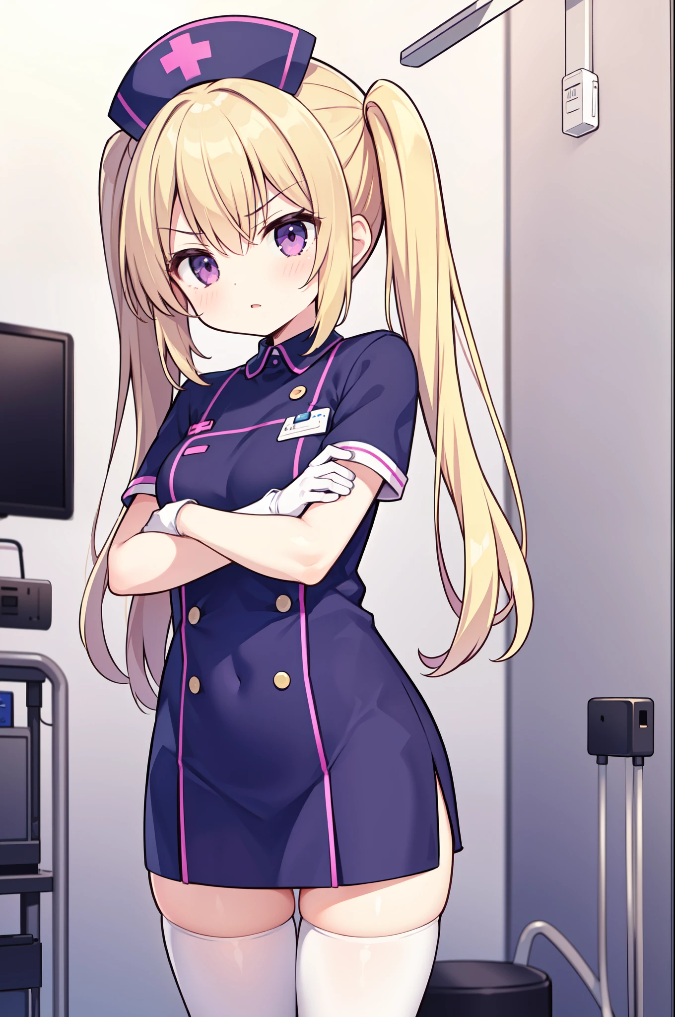 1girl, solo, nurse, nurse cap, white nurse uniform, ((white legwear, zettai ryouiki)), white gloves, twintails, yellow hair, purple eyes, angry, crossed arms, standing, ((hospital room)), sharp outline, short sleeves, best quality, masterpiece