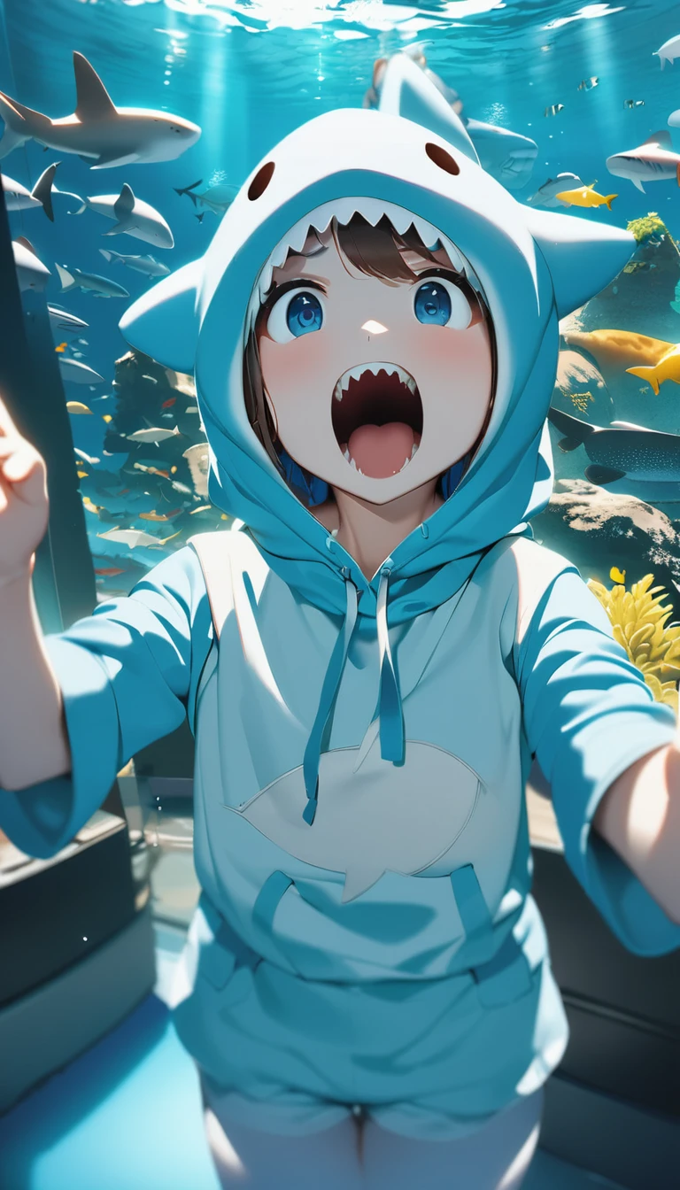 Highest quality、masterpiece:1.3、Perfect ???????、One Girl、Shark-chan、かわいいShark-chan、Shark-themed hoodie、Shark teeth on the hood、Wearing a hood、Light Blue Hoodie、Girl with open mouth、Sharp teeth、Shark themed hoodie、Light blue culottes、Random pose、break、aquarium、Large aquarium、美ら海aquarium、Highly detailed whale shark、A whale shark swimming gracefully in the tank、暗いaquarium、Low light、