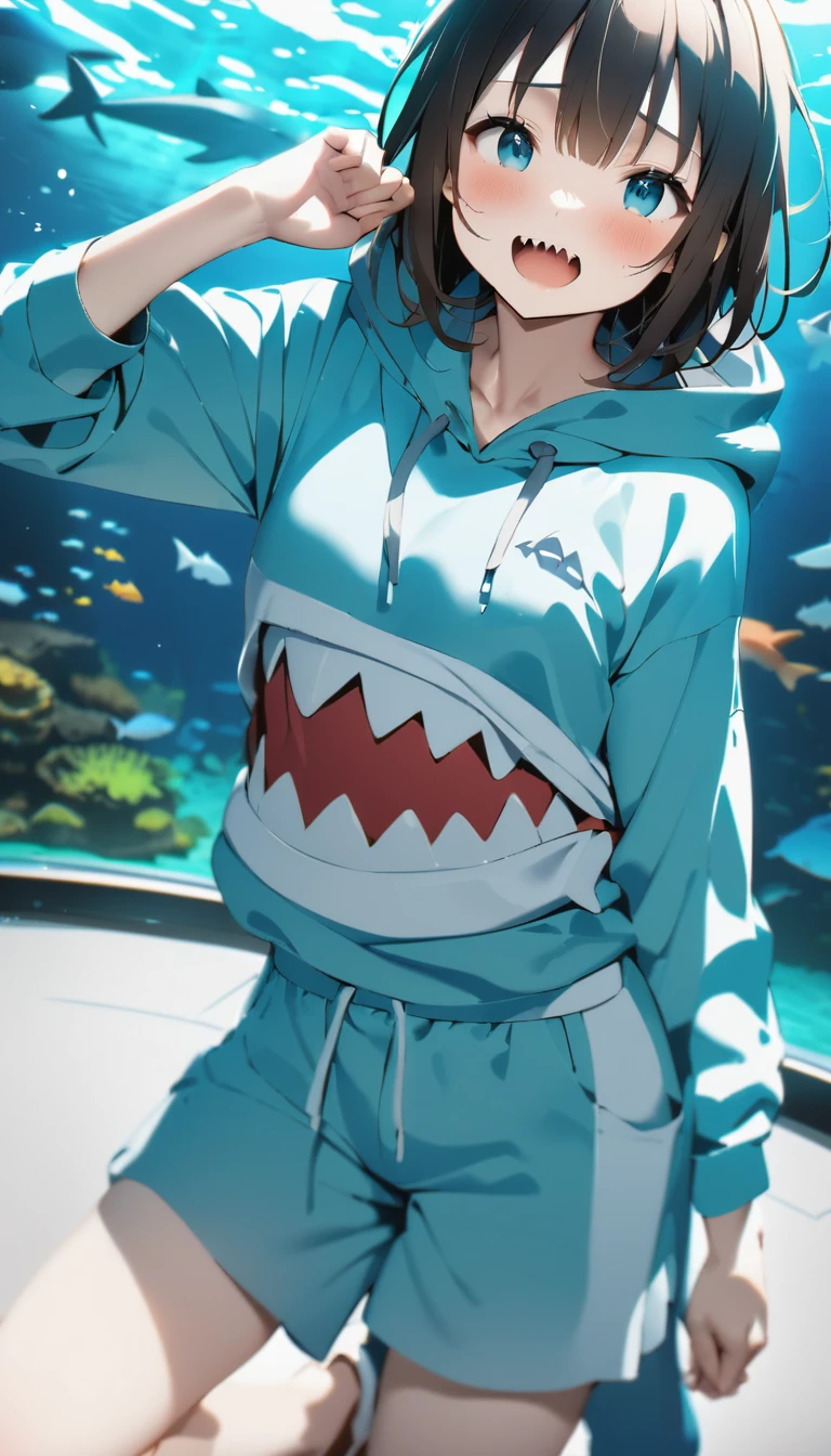 Highest quality、masterpiece:1.3、Perfect Anatomy、One Girl、Shark-chan、かわいいShark-chan、Shark-themed hoodie、Shark teeth on the hood、Wearing a hood、Light Blue Hoodie、Girl with open mouth、Sharp teeth、Shark themed hoodie、Light blue culottes、Random pose、break、aquarium、Large aquarium、美ら海aquarium、Highly detailed whale shark、A whale shark swimming gracefully in the tank、暗いaquarium、Low light、