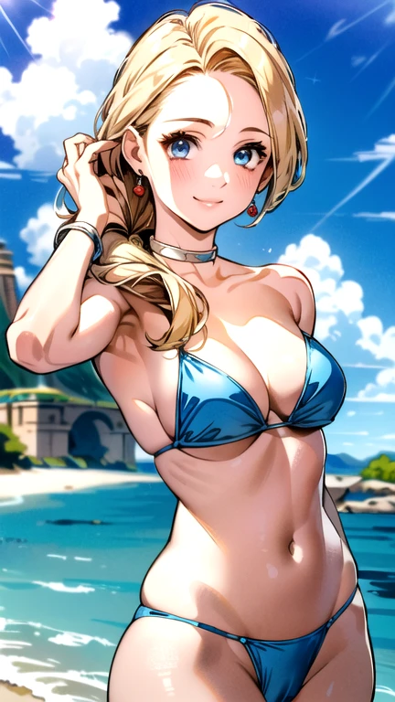 (masterpiece, Highest quality:1.2), 1 Girl, alone, One girl, Bianca, dq5, figure, Anime Style, Long Hair, Blonde, Single Blade, Over the shoulder hair, blue eyes, smile, blue bikini,camel-toe, jewelry, Earrings, choker, bracelet, nature, Outdoor, blue sky