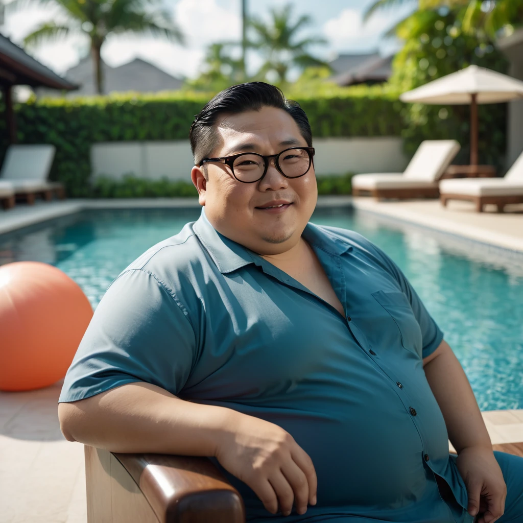 cinematic photo a 40 year old Chubby Asian Man lounging by the pool , wearing eye glasses, looking directly at the camera with a seductive smile . 35mm photograph, film, bokeh, professional, 4k, highly detailed.