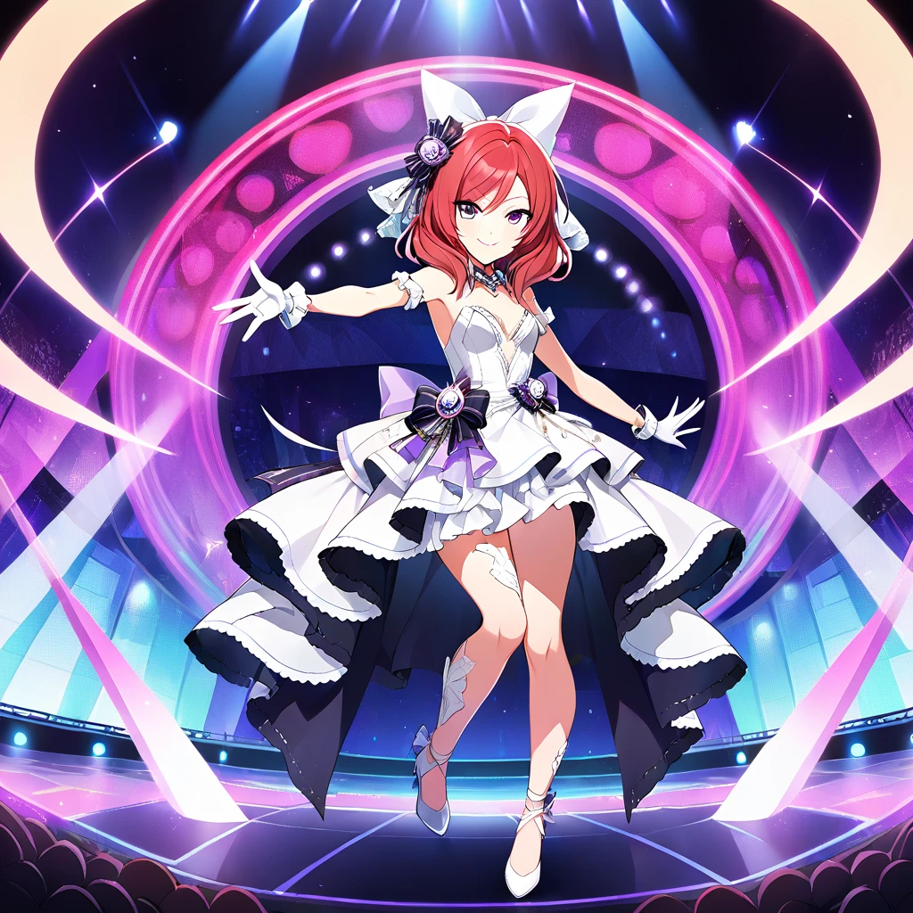 1girl, nishikino maki, purple eyes,Full body drawing, live stage, small Breasts, Formal dress, smile, solo ,id_maki_nishikino,charactor forcus