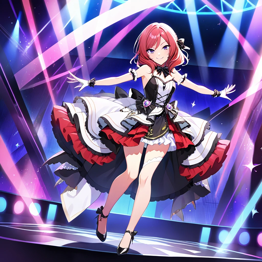 1girl, nishikino maki, purple eyes,Full body drawing, live stage, small Breasts, Formal dress, smile, solo ,id_maki_nishikino,charactor forcus