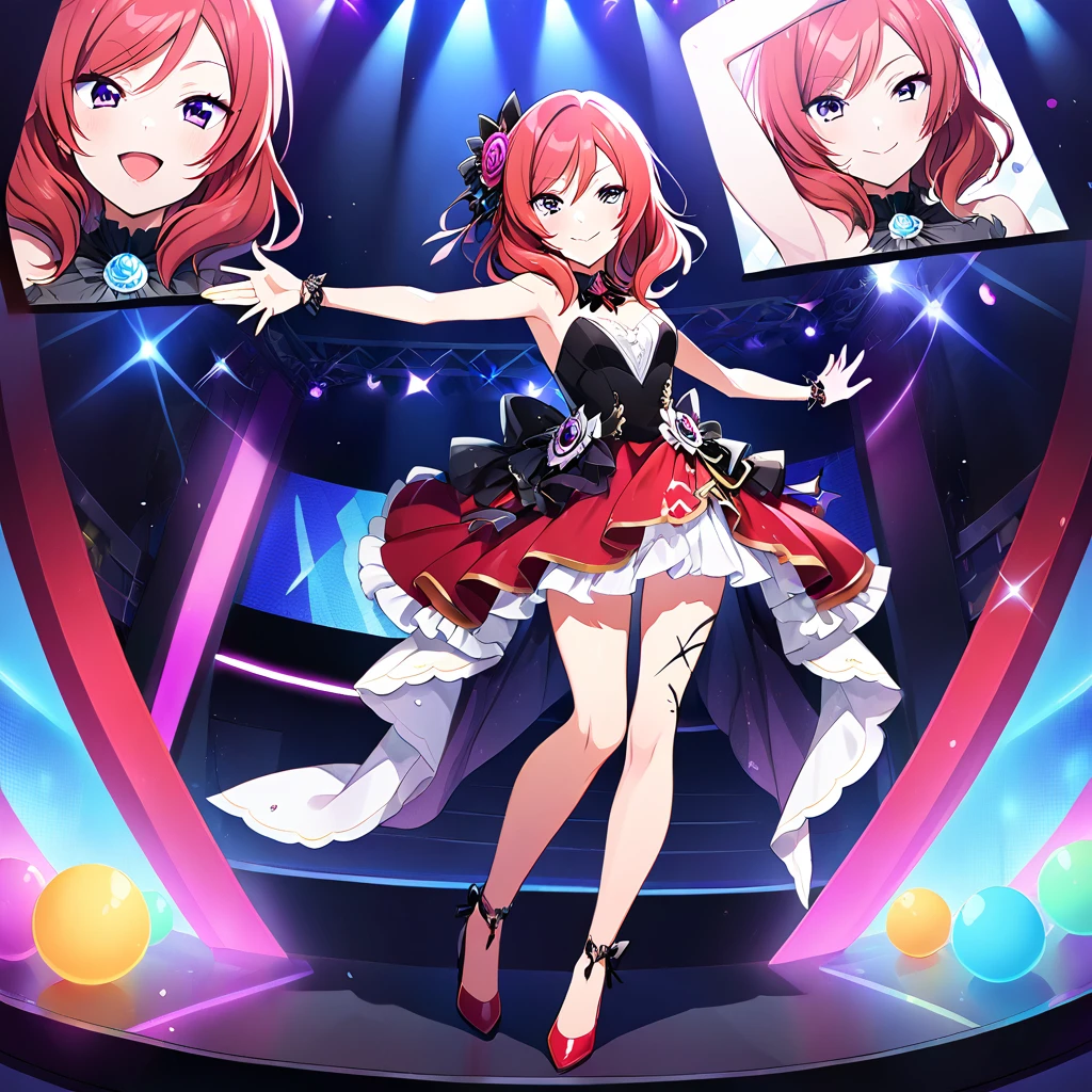 1girl, nishikino maki, purple eyes,Full body drawing, live stage, small Breasts, Formal dress, smile, solo ,id_maki_nishikino,charactor forcus