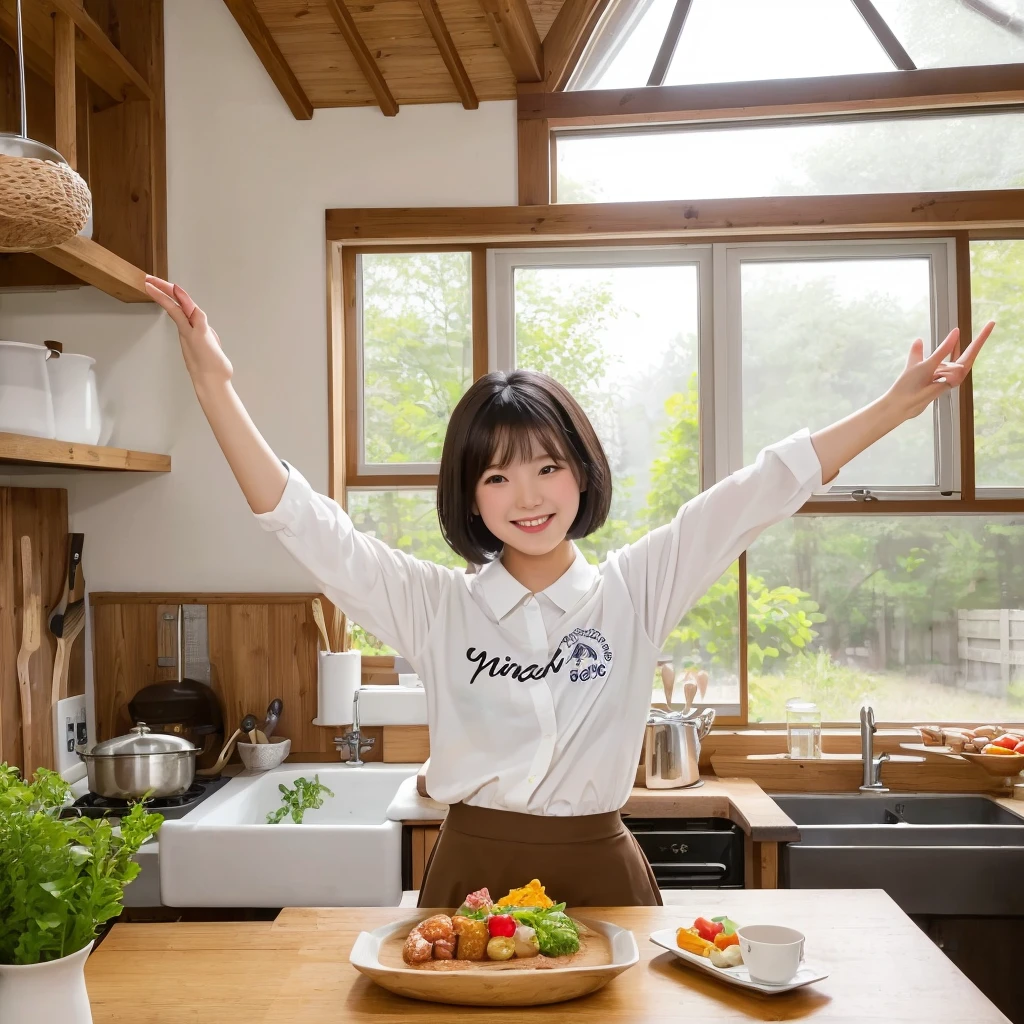 ((Highest quality, 8K, masterpiece:1.3)), Young men and women, A confident smile, Home kitchen with large windows, enjoy, Cooking Japanese food, Smiling child, talk, Use the peace sign, Short black hair, Brown eyes, Brown Skin, student, Wear a shirt and skirt, indoor, Highly detailed face and skin texture, The fingers are very detailed