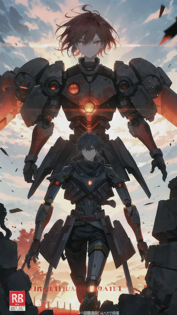 ((highest quality)), ((masterpiece)), ((detailed)), A manga anime cover with high quality. Scene featuring a giant rusty robot leaning to the side, emitting a red glow and making a threatening gesture. Black silhouettes of characters fleeing and confronting the robot. Fallen lampposts leading towards a lake on the side of the cover, with a catastrophic backdrop. Title: "Tolerância Zero: A Saga do Multiverso - Volume Um". Include a barcode. 8k HD 