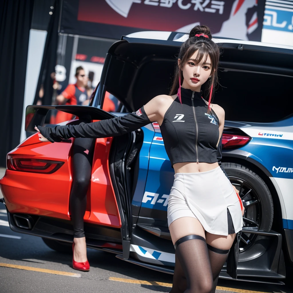 Cool woman、Colorful costumes、F1 Driver Cosplay、Colorful costumes、Clothing with company logo、Grid Girlsのカラフルで派手な衣装、Grid Girls、Perfect Face、Paddock Girls、Harem、motor Show、tights、Bodycon Costumes、Grid Girls、Russia、Grid Girlsのコスプレ、belly button、Pleated skirt、Bodycon Costumes、Photographed in a sexy pose