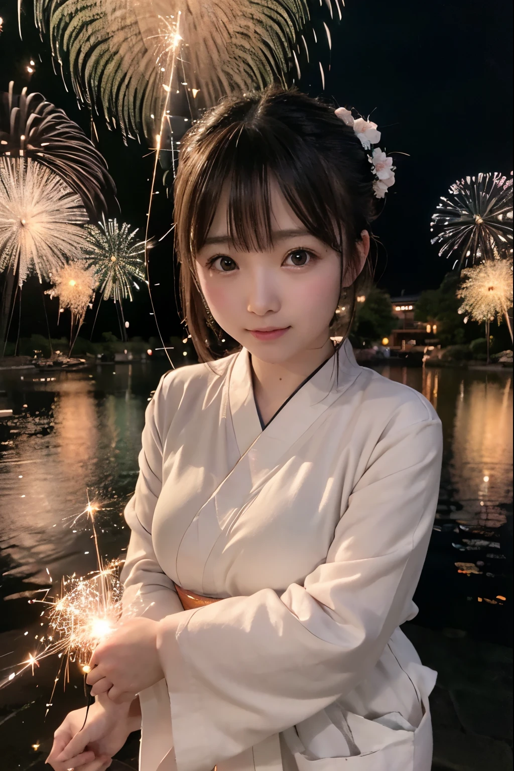 Perfectly Anatomically Correct:1.2, 5 Beautiful finger:1.6,
1 Japanese Girl, Very Short Hair Bun:1.2, Wide-Set Eyes, Very White Skinned, Blush, Bashfully, 18-Year-Old, Open Mouse Slightly,
Cute Eyes, Brown Hair, Light Smiling, Cheerful,
(Turning Japanese Sparklers Below Within Reached Arm:1.6),
Squatting, ((Pale-Colored Japanese Clothes, Yukata, Kimono)),
Non-Nipple:1.2,
Looking Up Viewer:1.2,
Riverside Park, Water Reflection,
BREAK
8K, RAW Photo, Best Quality, Masterpiece, Realistic, PhotoRealistic, Extremely Detailed 8K Wallpaper, Beautifully Detailed Eyes, Finely Detailed Face, POV Shot,
BREAK
High-Key Lighting, Professional Lighting, Bokeh:1.4
