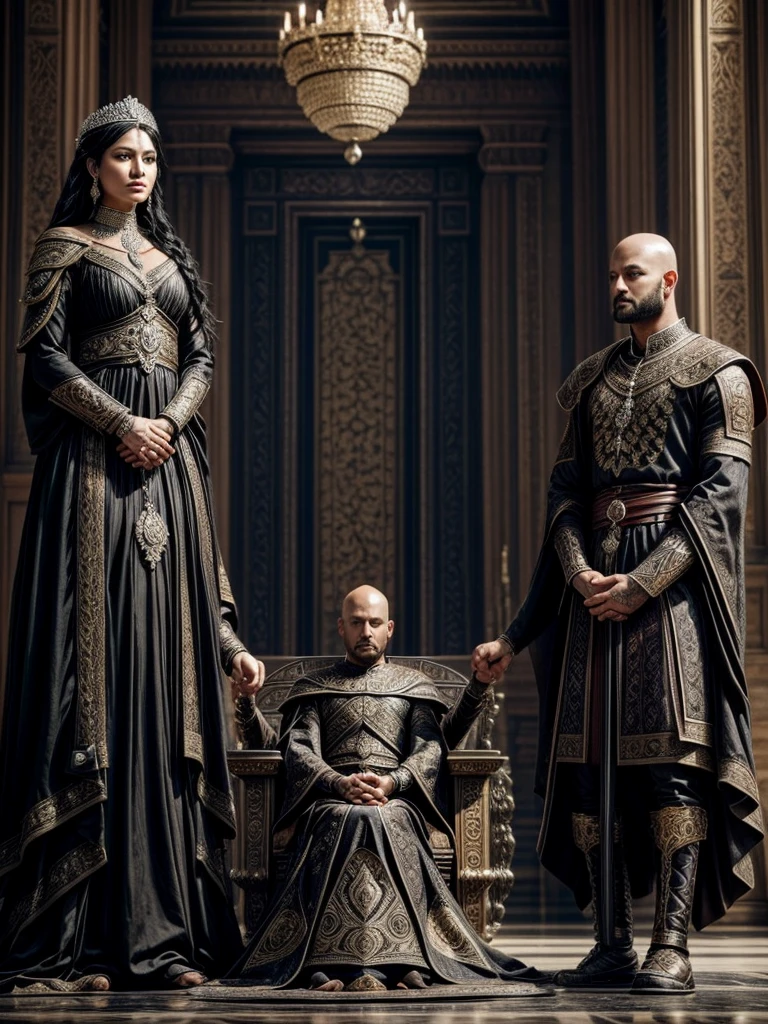 a photo realistic image of A beautiful black haired queen and a handsome bald and tattooed king are standing atop a daius in front of their matching thrones holding hands, standing, front view, full body, 16K, epic detailed, epic composition,