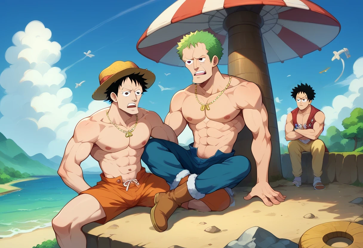 score_9, score_8_up, score_7_up BREAK handsomize, 2boys, Luffy, Roronoa Zoro, One Piece, outdoors