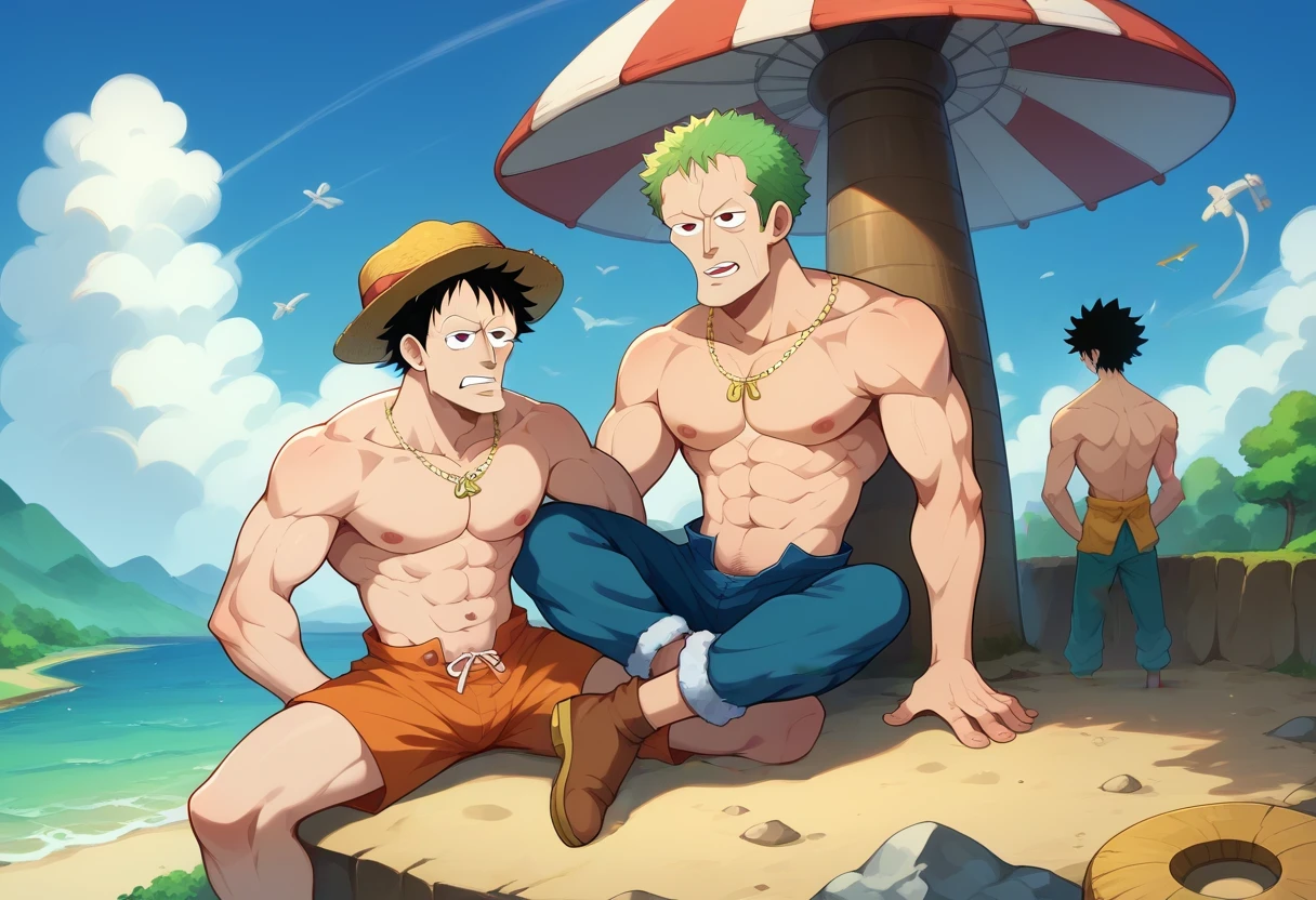 score_9, score_8_up, score_7_up BREAK handsomize, 2boys, Luffy, Roronoa Zoro, One Piece, outdoors