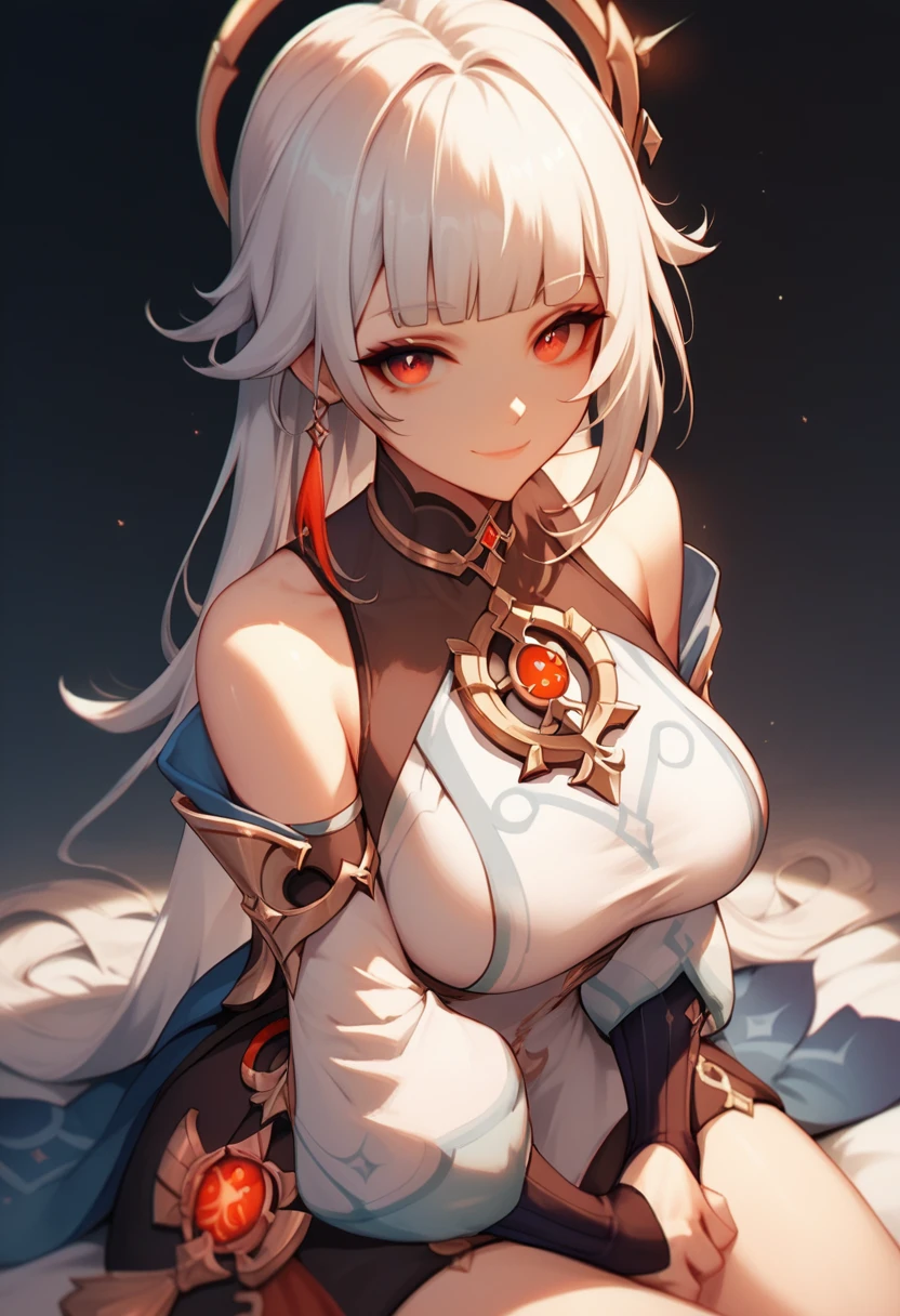 flat color, 1girl, solo, white hair, red eyes, sitting, white background, , looking at viewer, smile, blunt bangs, looking at viewer, closed mouth, genshin impact clothes, large breast,