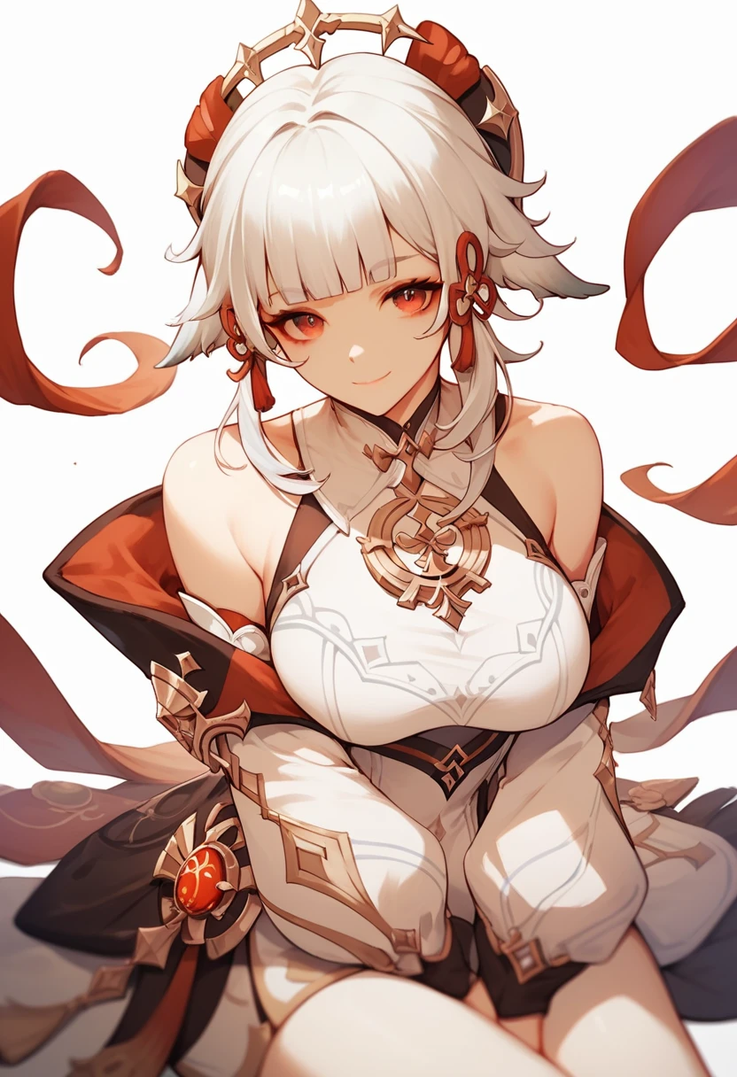 flat color, 1girl, solo, white hair, red eyes, sitting, white background, , looking at viewer, smile, blunt bangs, looking at viewer, closed mouth, genshin impact clothes, large breast,