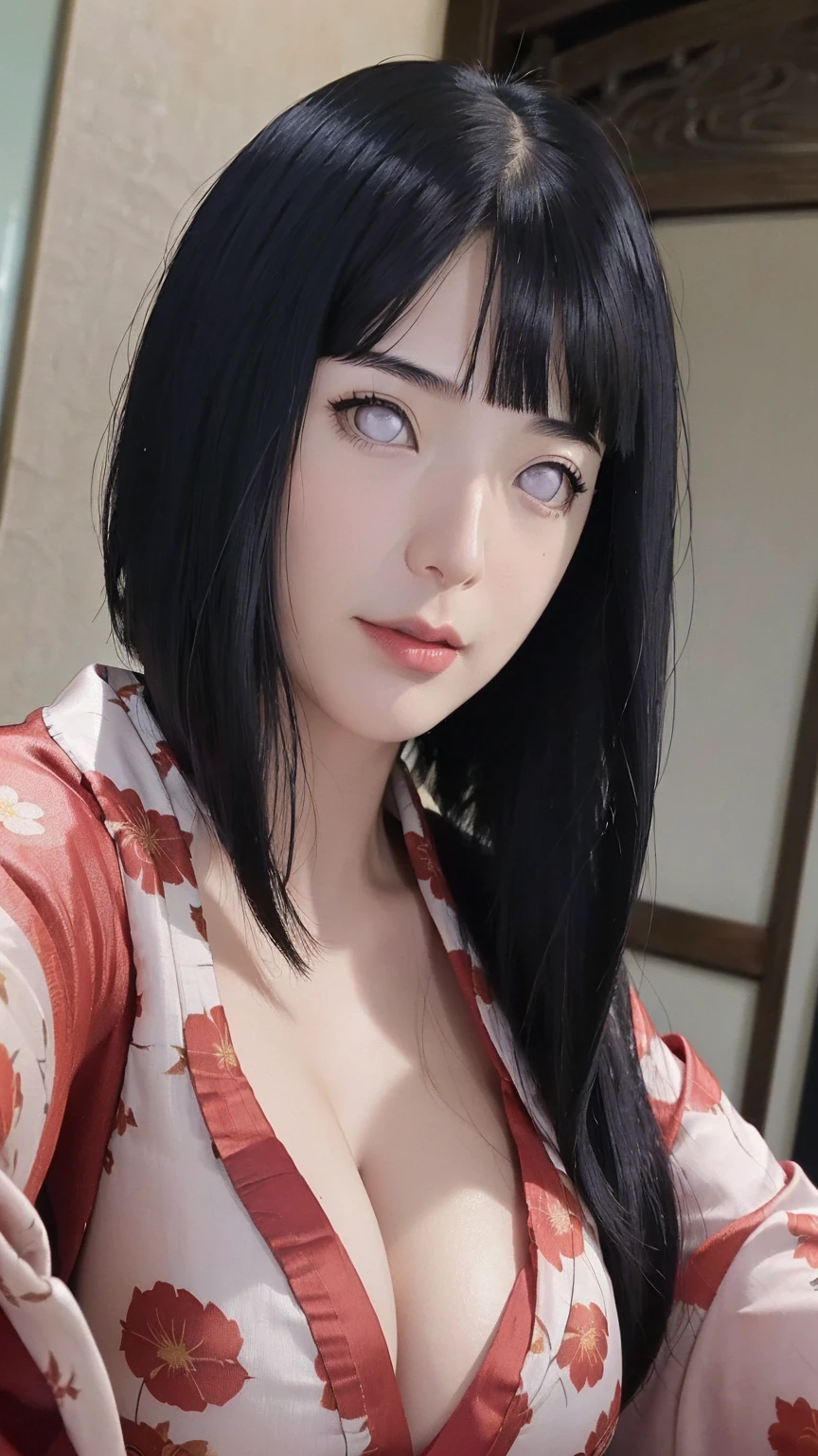 masterpiece, hinata\(boruto\), 1girl, mature women, (((Red floral satin kimono with spaghetti strap top))), (((Close-up photo))), (((Selfie))), (((cleavage))), (((Closed Clothing))), (((big breasts))), (((big round breasts))), (((round breasts))), (((extremely heavy breasts))), (((Colossal tits))), (((heavy breasts))), (((plump breasts))), (shy face), detailed lips, beautiful face, blush, (pink lips), (((long hair))), white eyes, gentle gaze, smile, super realistic, detailed, realistic face and body, realistic hair, realistic eyes, realistic nose, realistic lips, seductive pose, (((straight bangs))), (dark blue hair), 28 year old girl