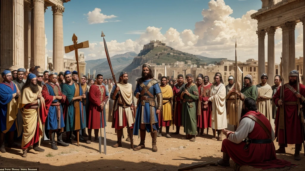 Jesus on the cross and a Roman soldier below the cross with a spear and at the tip of the spear a sponge, and the soldier places this sponge on the tip of the spear in the mouth of Jesus