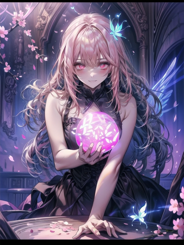 masterpiece, Highest quality,(shape:1.0), 1 Girl, (Gothic Lolita:1.2), (Big black wings:1.3), (((Bioluminescence照明, Pink light:1.5 ,Pink lighting:1.5, Shades of pink:1.5))), (Dark pupils:1.4), Glowing black eyes, Black hair shine:1.5, cherry blossoms々Detailed Background , (Pink Glass, Pink leaves), (cherry blossoms:1.5), (cherry blossomsの花びら:1.5. Bioluminescence環境:1.5), Fluorescent Environment, (((Bioluminescence:1.5))), (((Glowing particles in the air:1.5, Particles of light:1.5,))), ((Pink butterfly:1.5)), whole body, Long Hair, Silver Hair, Ahoge, Pink Eyes, Adorable eyes, (The best smile:1.2),