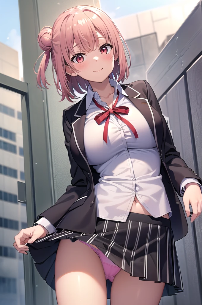 masterpiece, Highest quality, High resolution, ayui, short hair, Single hair bun, Red eyes, Small head, clavicle, Neck ribbon, White shirt, Dress shirt, blazer, Black jacket, Open jacket, Long sleeve, Checked skirt, smile, blush, Outdoor, White thighs, (Huge breasts), (Wide pelvis), (Are standing), (Very large_Lower Body:1.5), (Very thick_feet:1.5), (完全に露出したpanties:1.5), (panties丸見え:1.5), (pink_Race_panties:1.5), (Skirt flip:1.5), (スカート that rolls up:1.5), (feetをクロスさせる:1.5), (Looking up at the crotch from below_perspective:1.5), (Looking at the audience), (Cowboy Shot)