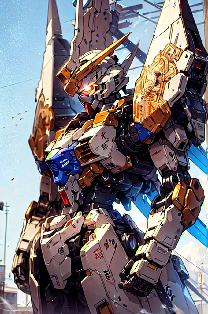 Gundam,mecha,robot,no humans,glowing,solo,science fiction,glowing eyes,, Best Quality,Masterpiece,Edge quality,gorgeous and intricate detail,Perspective Silhouette,((8k, Best Quality, Masterpiece, Extremely Detailed, Rule of Thirds)),((crazy imagery)),photorealistic,masterpiece,superb,HDR,high resolution,sharp focus,photorealistic rendering,extremely detailed description,professional,intricate details, blue color,