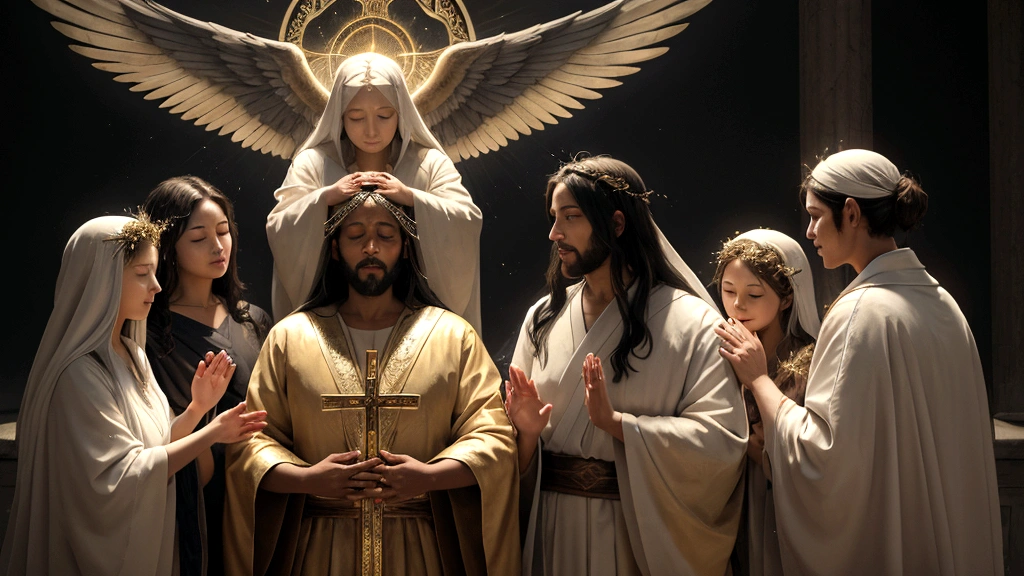 "Description: Create a transformative scene illustrating the journey from mortality to immortality through faith in Jesus Christ. Show individuals undergoing a spiritual metamorphosis, shedding earthly constraints and embracing new, glorified forms in a heavenly setting. Depict a transition from earthly scenes of struggle to celestial scenes of peace and eternal life.
Details: Use contrasting imagery to depict earthly struggles like illness, aging, and challenges, transitioning to scenes of renewal and vitality in a heavenly realm. Incorporate symbolic elements such as wings, halos, and radiant glows to signify the transformation to immortality. Show expressions of liberation, relief, and spiritual rejuvenation on the faces of the transformed individuals, symbolizing the assurance of eternal life through faith.
"