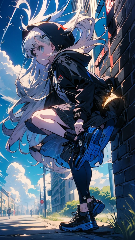 Masterpiece, intricately details,Best quality, 1girll, solo, bird, Hood, Standing on a street corner,Long hair, shoes, Jacket, blackfootwear, Hood down, animal on shoulder, whaite hair, Animal, blue jacket, Sneakers, sign, Cloud, bangs, Long sleeves, From the side Side, hoodie, profile, Outdoors, bird on shoulder, sky, jacket with a hood
,Long legs,スタイルが良い
