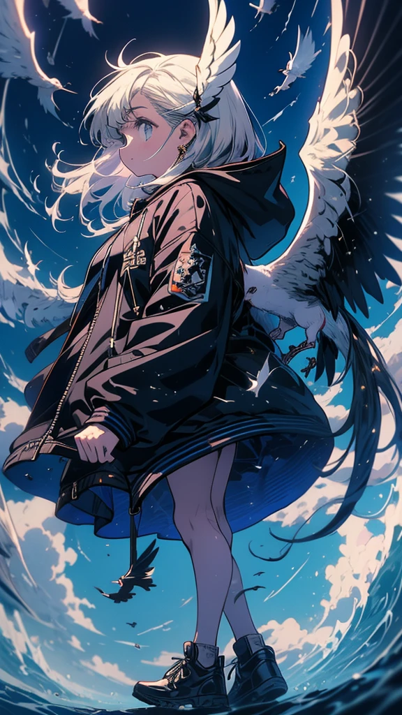 Masterpiece, intricately details,Best quality, 1girll, solo, bird, Hood, Standing on a street corner,Long hair, shoes, Jacket, blackfootwear, Hood down, animal on shoulder, whaite hair, Animal, blue jacket, Sneakers, sign, Cloud, bangs, Long sleeves, From the side Side, hoodie, profile, Outdoors, bird on shoulder, sky, jacket with a hood
,Long legs,スタイルが良い