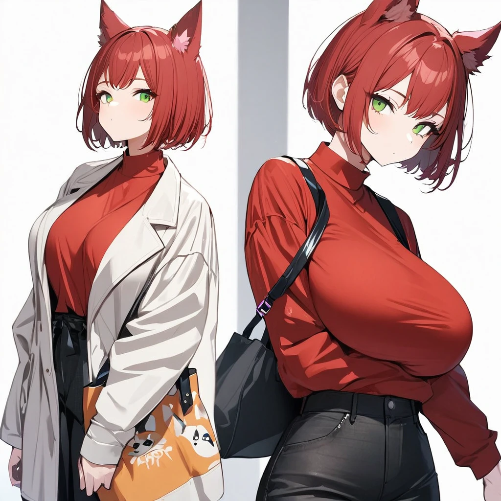 1girl,solo,red hair color,wolf cut hair(short),wolf ears,green eyes,slanted eyes,super huge breasts,slender,red shirt,long sleeves,tote bag,expressionless,looking at viewer,near,beautiful person ,cool,standing up,fashion model,fashion show,Wearing a variety of clothing,white background