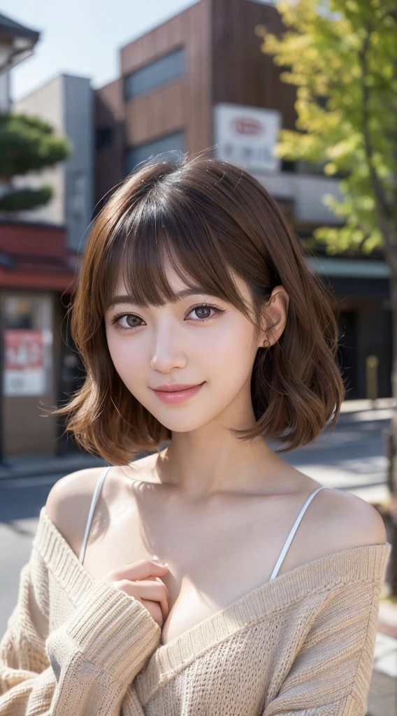 (masutepiece:1.3), High resolution, Ultra-detail, Very detailed CG Unity 8K wallpaper, Realistic, Photorealsitic, Raw photo, beautifull detailed face, pale skin, Realistic glitter skin, Detailed Cloth Texture, detailed hair texture, Beautiful face, acurate, Anatomically correct, Highly detailed facial and skin texture, Natural neck length, (Fair skin:1.2), solo、Brown hair、｟short wavy hair｠、With bangs、Japan Female, 19 years old、A detailed eye,harajuku、Cute realistic photos,｟smile1.6｠Looking at the camera、middlebreasts 、izakaya｟Cute Smile 1.6｠、knitted sweater、a it down and drink beer、