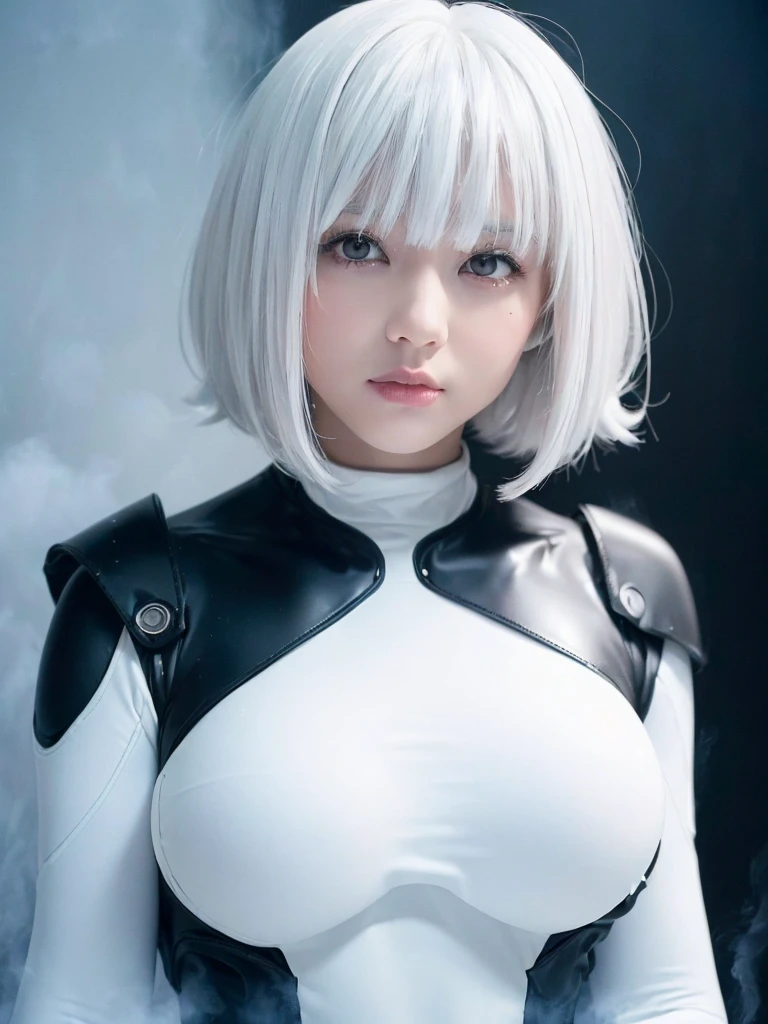 (bangs:1.3), (deep white mist :1.5), (mixed white hair :1.4),(perfect skin girl:1.4),(beautiful hair1.3),(big boobs:1.3)
(black carbon suits:1.3),(neatly groomed short hair :1.4),(white eyes:1.5)