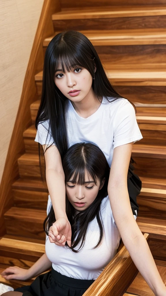 (High Definition CG Unity 8k Wallpaper), (Masterpiece), (Best Quality), (Ultra Detailed), (Best Illustration), 1 Female, (Kyoko Otonashi: 1.4), (Long Black Hair with Bangs Falling Over Forehead: 1.4), (Big Breasts: 1.2), (Cool T-shirt and flared skirt: 1.4), ((Cleaning Wooden Stairs: 1.2)), (Old Wooden Apartment: 1.2)), Puffy Eyes, Close-up, (Upper Body: 1.4)