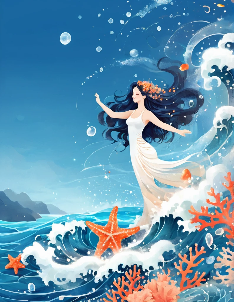 Digital illustration art, a beautiful girl dancing in the waves, extra long hair decorated with blue waves, coral, starfish, jellyfish, small fish and other funny illustrations, (full body), her hair consists of many waves and small fish, starfish, etc., the background is the sea and the blue moon, small crabs, (the background is blended with the little girl's hair), opens up to the musical charm of the fascinating ocean, white background, Chinese calligraphy's, glittering, reflective, optimal digital, 8K, high-definition, high-resolution, double-exposure, beautifully illustrated with digital