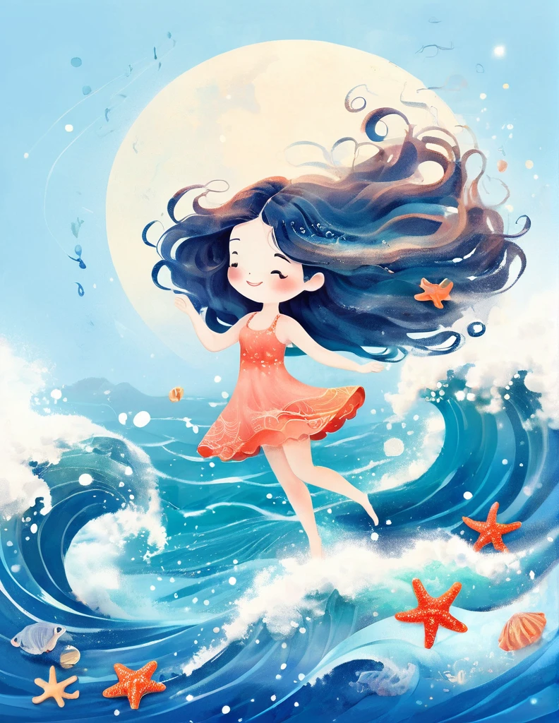 Digital illustration art, a beautiful girl dancing in the waves, extra long hair decorated with blue waves, coral, starfish, jellyfish, small fish and other funny illustrations, (full body), her hair consists of many waves and small fish, starfish, etc., the background is the sea and the blue moon, small crabs, (the background is blended with the little girl's hair), opens up to the musical charm of the fascinating ocean, white background, Chinese calligraphy's, glittering, reflective, optimal digital, 8K, high-definition, high-resolution, double-exposure, beautifully illustrated with digital