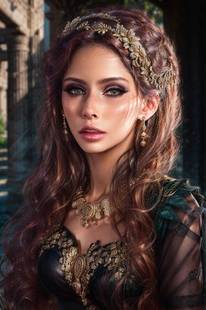UHD 8k, HDR+, Medusa Gorgon, beautiful girl with a necklace, large piercing eyes, huge earrings, giant earrings, long hair, hair made up of countless small snakes, parted lips, lips, eyelashes, gold earrings with emeralds in her ears, jewelry, gold bracelets, tight dark green gothic dress, black high heels, high heels, slender legs, Against the background of the Gloomy ruins of a Greek temple, detailed background, realistic, 1girl, solo girl, 20 year old girl, ultra realistic face, hyperrealistic, hyperdetailed, (looking at viewers), sharpen, detailed face, detailed eyes, detailed lips, red lips, beautiful face, 16k, FHD, raw photo, cute face mesh, pretty face mesh, portrait shot 8 k