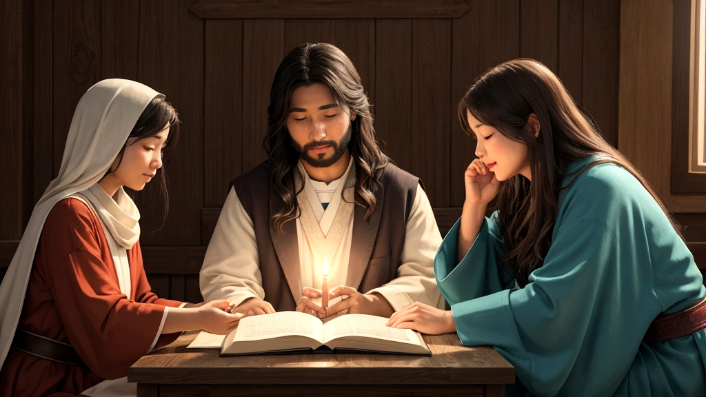 "Description: Illustrate the assurance and hope that believers find in the promise of eternal life through faith in Jesus Christ. Show scenes of individuals of diverse backgrounds living faithfully and finding comfort in their belief. Depict acts of prayer, study, and community fellowship as expressions of their faith and anticipation of the eternal rewards promised.
Details: Use warm, inviting colors and soft lighting to convey a sense of warmth and spiritual reassurance. Include diverse characters engaged in acts of faith and kindness, symbolizing their commitment to living faithfully. Show expressions of hope, determination, and inner peace on their faces, reflecting the profound assurance and comfort derived from the promise of eternal life in Christ.
"