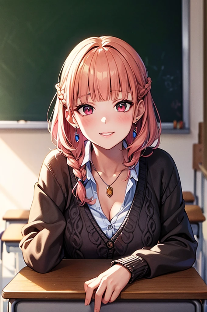 (((anime))), ((anime)), (Gal), Medium Hair, (Braid:1.3), (Blunt bangs:1.2),Two-tone hair, Blonde, (Pink Hair), Round face, Red eyes, (Droopy eyes), (((puppet))),Pink Lip,Earrings,necklace,[Dark Skin], A light smile, ((((cute)))), beautiful, 1 Girl, alone, (cardigan:1.4), [Cleavage cutout],peace sign,beautiful background,(classroom:1.5),evening,sunlight,Backlight,masterpiece,Highest quality,Exquisite,8K,Absurd,Ultra-fine illustrations,(View your viewers)