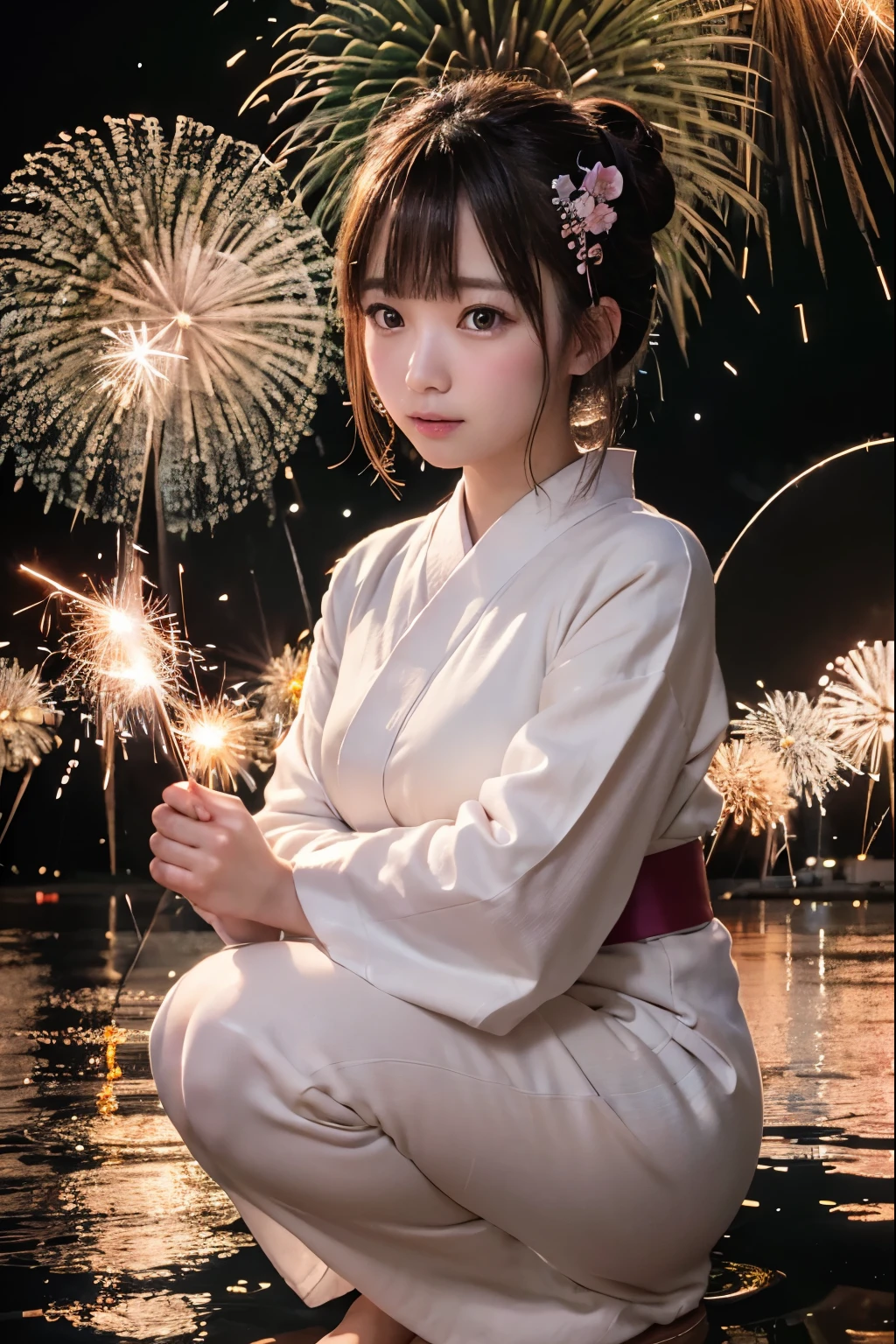 Perfectly Anatomically Correct:1.2, 5 Beautiful finger:1.6, 
1 Japanese Girl, Very Short Hair Bun:1.2, Wide-Set Eyes, Very White Skinned, Blush, Bashfully, 18-Year-Old, Open Mouse Slightly, 
Cute Eyes, Brown Hair, Light Smiling, Cheerful, 
(Turning Japanese Sparklers Below Within Reached Arm:1.6), 
Squatting, ((Pale-Colored Japanese Clothes, Yukata, Kimono)), 
Non-Nipple:1.2, 
Looking Up Viewer:1.2, 
Riverside Park, Water Reflection, 
 BREAK 
8K, RAW Photo, Best Quality, Masterpiece, Realistic, PhotoRealistic, Extremely Detailed 8K Wallpaper, Beautifully Detailed Eyes, Finely Detailed Face, POV Shot, 
 BREAK 
High-Key Lighting, Professional Lighting, Bokeh:1.4