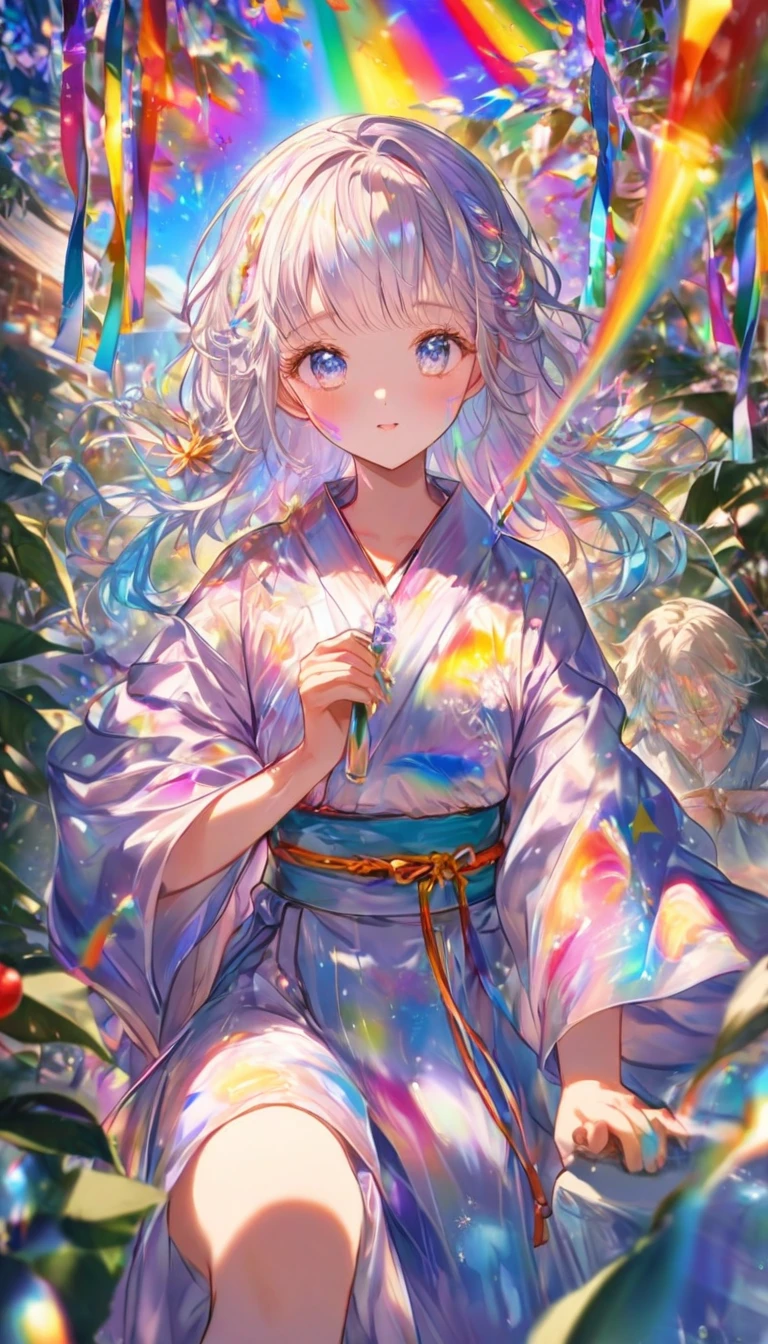 Tanabata、Strip、Bamboo leaf、Stripに願いをこめて、Stripを持っている、Grilling in a yukata,fluid,Particles of light, dream-like,Sparkling,dream-like glow,Paint drips,oil,strong stroke,Paint drips,Splash Paint Drop, oil,(Abstract:1.2)A girl and a boy made up of(Tanabataライトトレース:1.25),Change to (Radioluminescence light tracking) スタイルTanabata,They are Orihime and Hikoboshi(Cowboy Shot,Above Knee Portrait:1.25),Temple Fair,Summer festival,Shining in rainbow colors、16K, Ultra-high resolution, to be born,wonderful ,future、Iridescent、The world 30 years from now。
