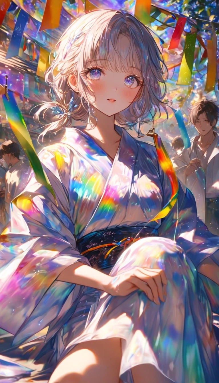 Tanabata、Strip、Bamboo leaf、Stripに願いをこめて、Stripを持っている、Grilling in a yukata,fluid,Particles of light, dream-like,Sparkling,dream-like glow,Paint drips,oil,strong stroke,Paint drips,Splash Paint Drop, oil,(Abstract:1.2)A girl and a boy made up of(Tanabataライトトレース:1.25),Change to (Radioluminescence light tracking) スタイルTanabata,They are Orihime and Hikoboshi(Cowboy Shot,Above Knee Portrait:1.25),Temple Fair,Summer festival,Shining in rainbow colors、16K, Ultra-high resolution, to be born,wonderful ,future、Iridescent、The world 30 years from now。