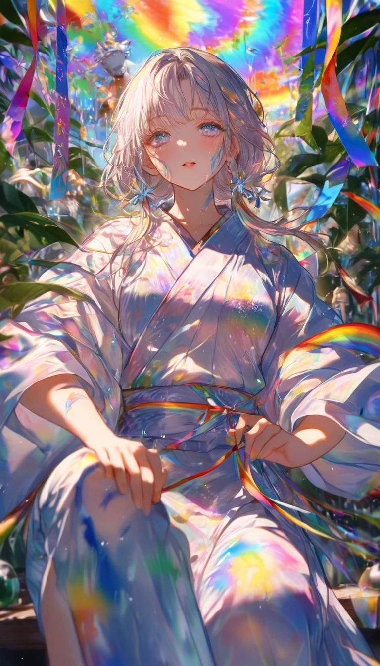 Tanabata、Strip、Bamboo leaf、Stripに願いをこめて、Stripを持っている、Grilling in a yukata,fluid,Particles of light, dream-like,Sparkling,dream-like glow,Paint drips,oil,strong stroke,Paint drips,Splash Paint Drop, oil,(Abstract:1.2)A girl and a boy made up of(Tanabataライトトレース:1.25),Change to (Radioluminescence light tracking) スタイルTanabata,They are Orihime and Hikoboshi(Cowboy Shot,Above Knee Portrait:1.25),Temple Fair,Summer festival,Shining in rainbow colors、16K, Ultra-high resolution, to be born,wonderful ,future、Iridescent、The world 30 years from now。