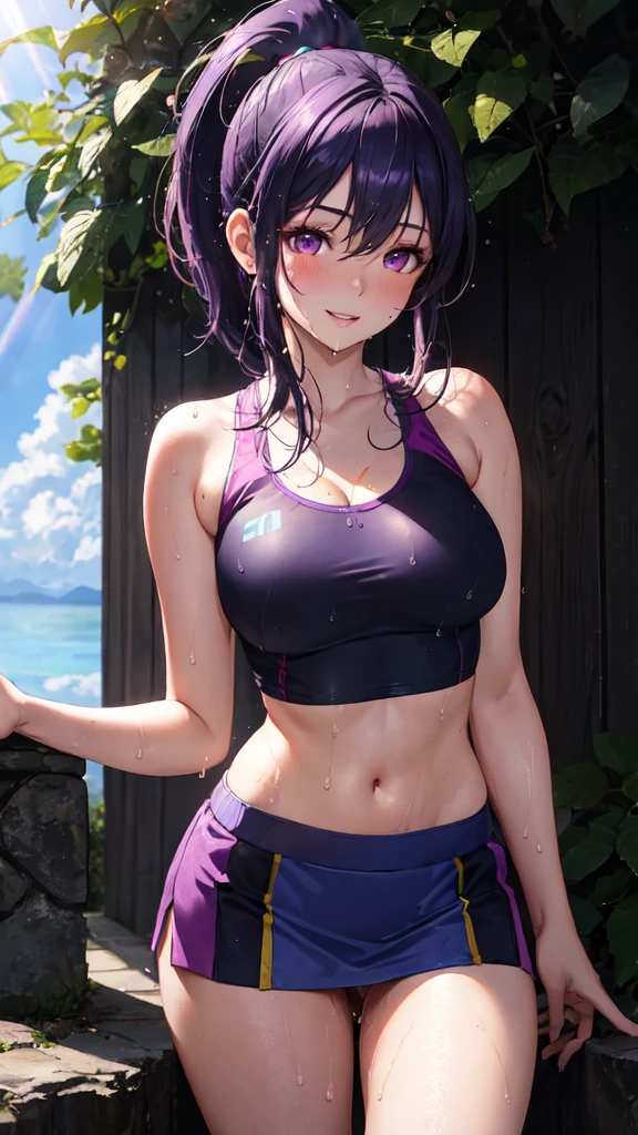 realistic, 1girl, ponytail, parted lips, blush, makeup, light smile, purple hair, sportswear, skirt, wet clothes, glow, thighs, purple eye, bare shoulders, collarbone, narrow waist, sunbeam, sunlight, rose, wind, cleavage, (masterpiece), sweat,