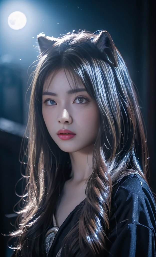 Beautiful and perfect 8k ultra high definition professional photos, Focus, In a stunning fantasy world, 20-year-old Korean silver-haired girl,The hands are beautiful,( (A girl and a mysterious giant wolf)), , In the moonlight of the night,Gloomy eyes