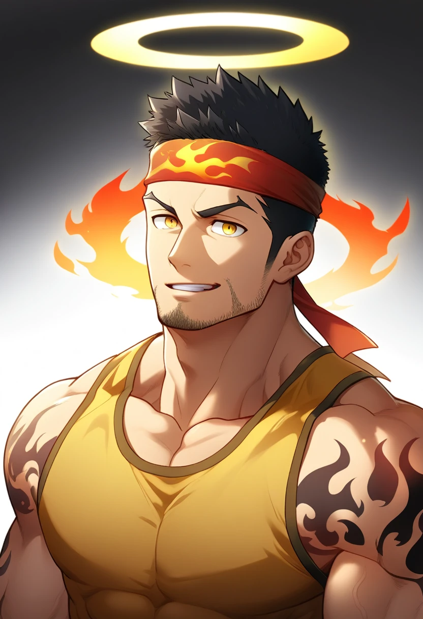 anime characters:Gyee, priapus, 1 young muscular man, male focus, Flame tattoo, sports Red headband, Dark Yellow spandex tight tank top, Very tight, muscular male, muscular, only, Upper body, alone, Black short hair, Thick eyebrows, stubble, Yellow eyes, White background, simple background, amazing quality, best aesthetics, Ridiculous, bright pupils, crew cut, naughty face, torogao, parted lips, halo, god rays, best quality