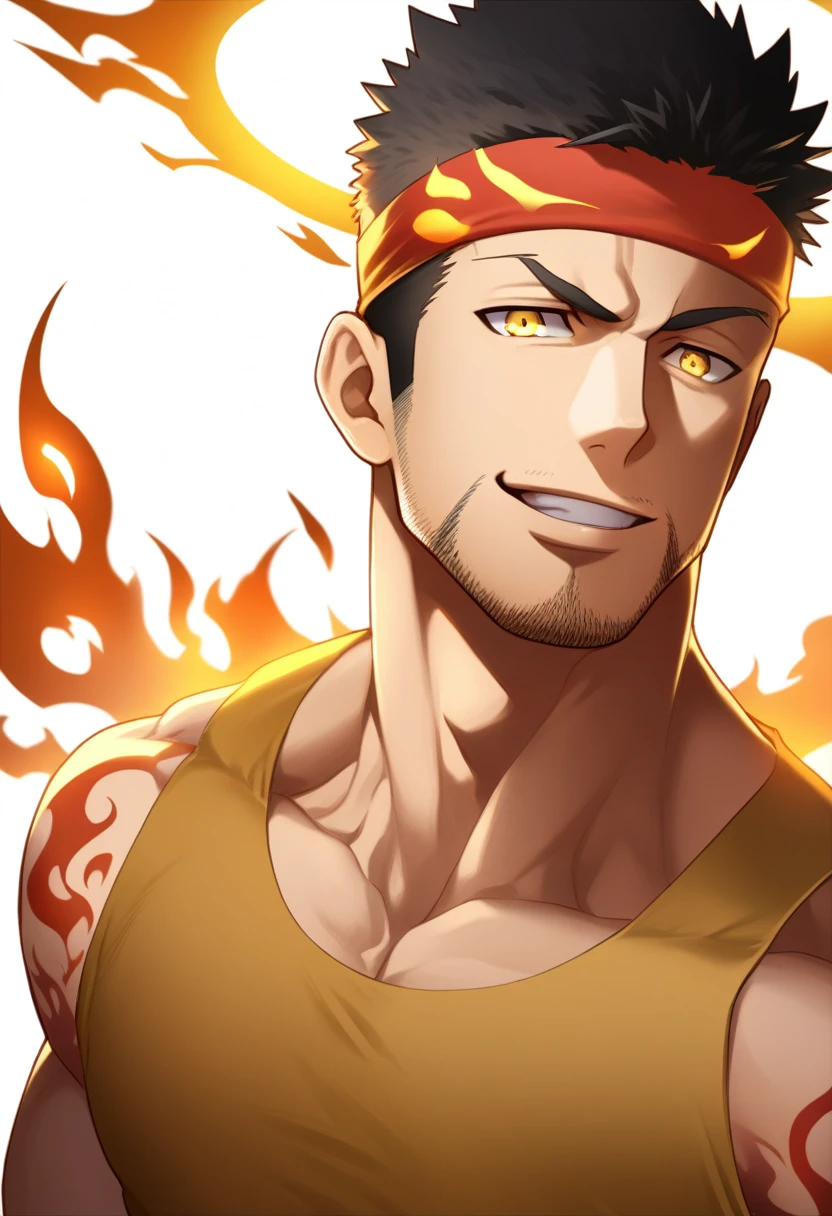 anime characters:Gyee, priapus, 1 young muscular man, male focus, Flame tattoo, sports Red headband, Dark Yellow spandex tight tank top, Very tight, muscular male, muscular, only, Upper body, alone, Black short hair, Thick eyebrows, stubble, Yellow eyes, White background, simple background, amazing quality, best aesthetics, Ridiculous, bright pupils, crew cut, naughty face, torogao, parted lips, halo, god rays, best quality
