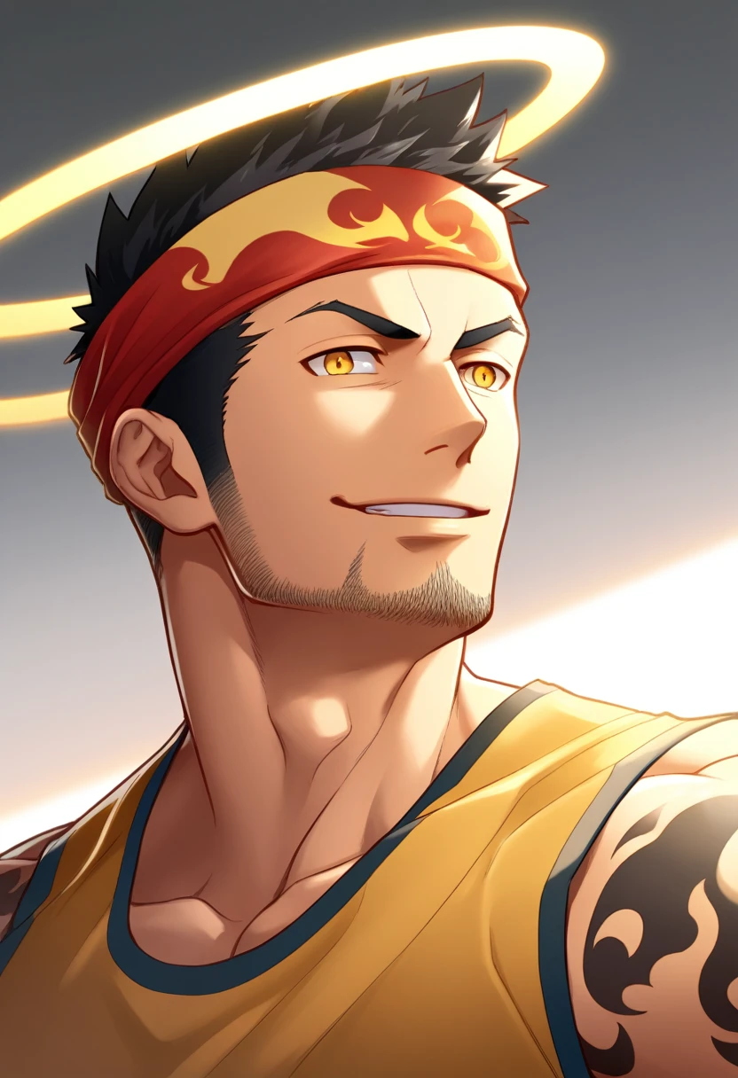 anime characters:Gyee, priapus, 1 young muscular man, male focus, Flame tattoo, sports Red headband, Dark Yellow spandex tight tank top, Very tight, muscular male, muscular, only, Upper body, alone, Black short hair, Thick eyebrows, stubble, Yellow eyes, White background, simple background, amazing quality, best aesthetics, Ridiculous, bright pupils, crew cut, naughty face, torogao, parted lips, halo, god rays, best quality
