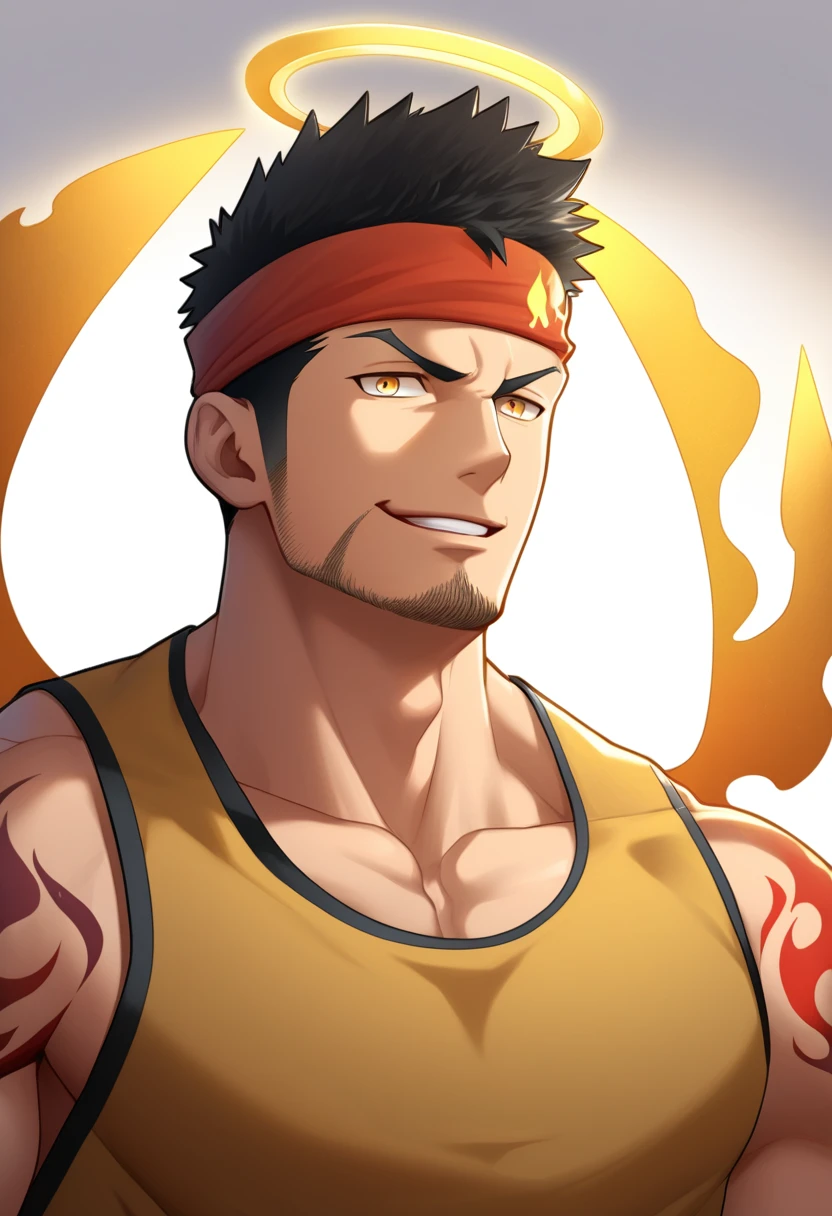 anime characters:Gyee, priapus, ung muscular man, male focus, Flame tattoo, sports Red headband, Dark Yellow spandex tight tank top, Very tight, muscular male, muscular, only, Upper body, alone, Black short hair, Thick eyebrows, stubble, Yellow eyes, White background, simple background, amazing quality, best aesthetics, Ridiculous, bright pupils, crew cut, naughty face, torogao, parted lips, halo, god rays, best quality