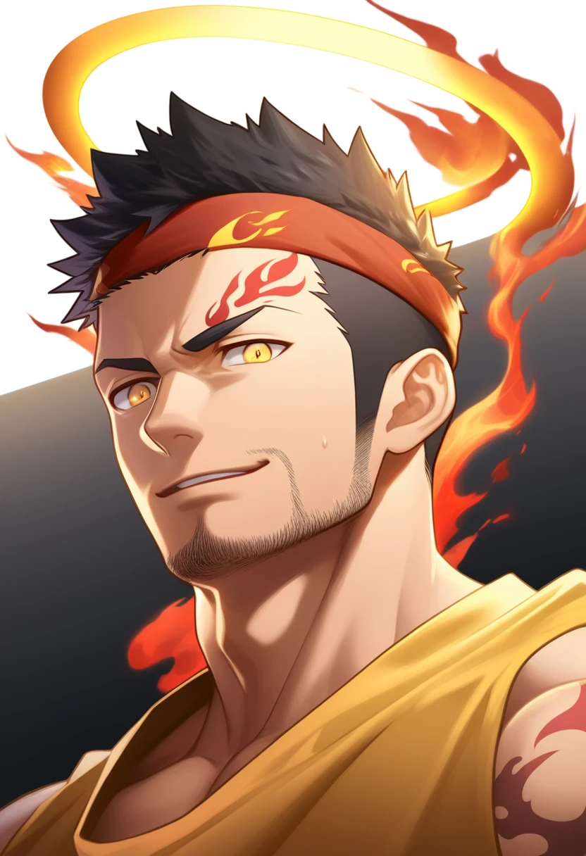 anime characters:Gyee, priapus, ung muscular man, male focus, Flame tattoo, sports Red headband, Dark Yellow spandex tight tank top, Very tight, muscular male, muscular, only, Upper body, alone, Black short hair, Thick eyebrows, stubble, Yellow eyes, White background, simple background, amazing quality, best aesthetics, Ridiculous, bright pupils, crew cut, naughty face, torogao, parted lips, halo, god rays, best quality
